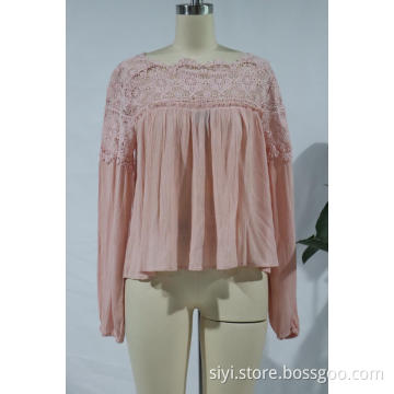 Round Neck Lady Ruffle Sleeve Blouses Lace
